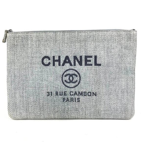 CHANEL Logo Deauville pouch bag Clutch bag Canvas blue - Picture 1 of 16
